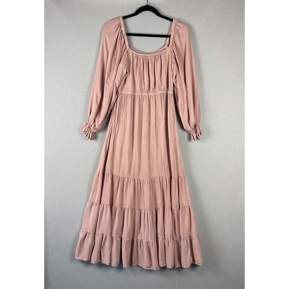 In Bloom Tiered Midi Dress Womens Small Pink Balloon Sleeve Cottage Boho Peasant - Picture 1 of 16